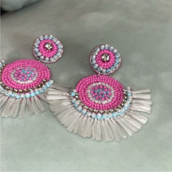 Vibrant Pink and Blue Fringe Earrings - Picture 2 of 3